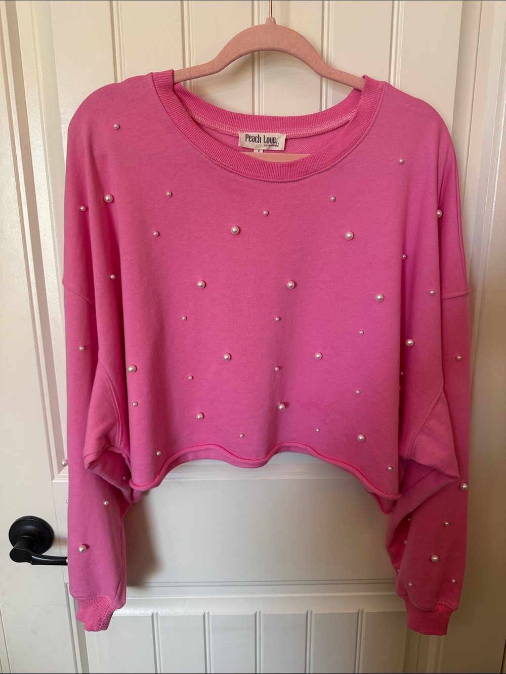 Peach Love California Hot Pink Pearl-Studded Cropped Sweatshirt
